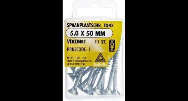Spaanplaatschroeven5.0 x 50mm. lang. Platkop-Torx-20. Verzinkt. 11 stuks houtschroef. Deltafix.