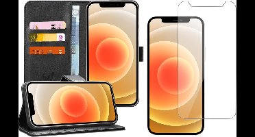 Hoesje geschikt voor iPhone 12 Mini - Screen Protector GlassGuard - Book Case Kunstleer Pasjeshouder Zwart & Screenprotector