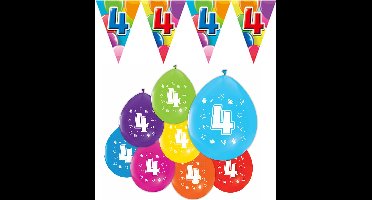 Feestpakket 4 jaar / 8 ballonnen en 1 vlaggenlijn 10 meter - Versiering Slinger Feestdecoratie Decoratie Verjaardag Jubileum Ballon Feest