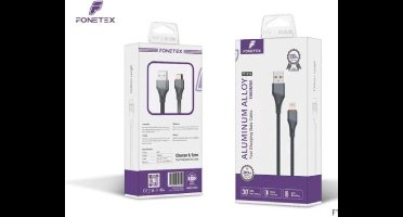 FoneTex Snel Oplaadkabel 1M | USB naar Lightning 8-pin | Fast Charging 30W | Geweven Nylon | Grijs/Zwart | Compatibel met iPhone & iPad