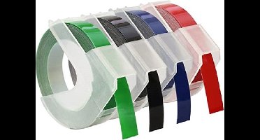 Label Tape Geschikt voor Dymo 3D | 9 mm | Wit op Zwart - Rood - Blauw - Groen - 4 kleuren - Geschikt voor: Dymo lettertangen en beletteringsystemen