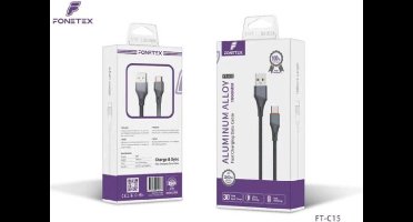 FoneTex Snel Oplaadkabel 1M | USB naar USB-C | Fast Charging 30W | Geweven Nylon | Grijs/Zwart | Compatibel met Smartphone, Tablet & Meer