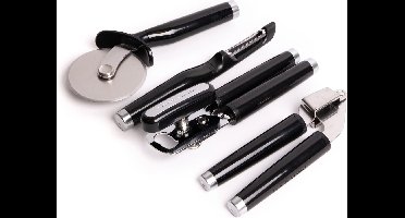 4-delige Onyx Black Utensil Set met multifunctionele blikopener, pizzawiel, knoflookpers en dunschiller