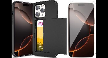 Hoesje met Pasjeshouder geschikt voor iPhone 16 Pro Max - Screen Protector GlassGuard - Back Cover SlideCase Zwart & Screenprotector