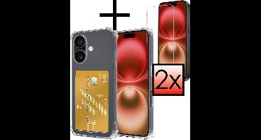 Hoesje - Geschikt voor Apple iPhone 16 Plus - Met 2x Screenprotector - Pashouder - Kaarthouder - Telefoon Hoes Shockproof - Siliconen Case - Back Cover - Shock Proof - Pasjes Houder - Transparant