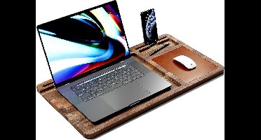 lula Life - Luxe Lap Desk - Schoottafel van Massief Acaciahout - Schootbureau Met Grote Leren Muismat - Laptray Met Uitsparingen Voor Laptop, Telefoon, Tablet en Stroomkabels - Geschikt Voor Laptops Tot 17,3 inch - Massief Houten Lapdesk