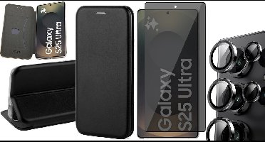 Hoesje geschikt voor Samsung Galaxy S25 Ultra - Privacy Screenprotector Volledig Dekkend Glas & Camera - Wallet Book Case Zwart