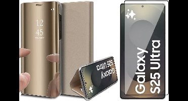 Hoesje geschikt voor Samsung Galaxy S25 Ultra - Screenprotector Glas - Spiegel Book Case Goud