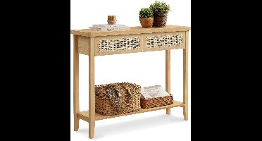 Furnstar Consoletafel – Haltafel met 2 Laden & Open Plank – Smalle Banktafel voor Hal of Woonkamer – Boho-Stijl – Afgeronde Hoeken – Grenenhout – LNT016Y57