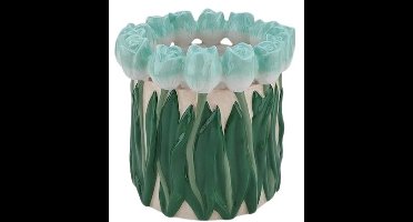 Housevitamin Vaas- Bloemen Vaas met Tulpen rand - Dolomiet - Licht Groen/ Groen- 17x17x16cm