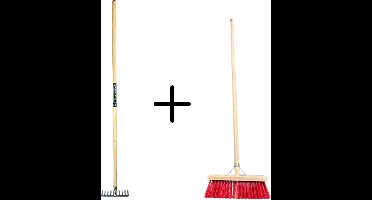 Synx Tools Tuinhark 10 Tanden verzinkt + Nylon Straatbezem 35 cm - Kunststof haren - Bodembewerkers - Onkruidverwijderaar – Schrobborstels – Buitenbezem met steel 150 cm – Hark met steel 150 cm