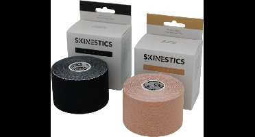 Skinestics Kinesiologie tape – Sport tape – Fysio tape – Kleur zwart+beige – nu 20% langer, 600 cm lang bij 5 cm breed, 170% rekbaar gelijk aan menselijke huid, standaard voorzien van extra sterke lijm, katoen, voor het hele lichaam, medical taping