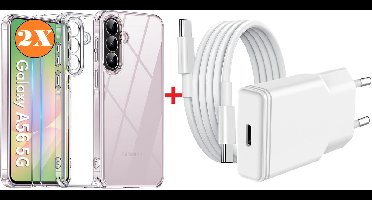 USB C Adapter - USB C Snellader 20W Met 1M Kabel - Hoesje Geschikt voor Samsung Galaxy A56 transparant Anti Shock silicone met 2x screenprotector- Ntech COMBI-SET