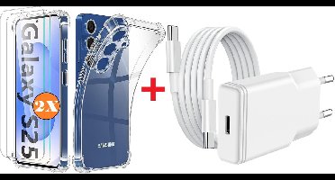 USB C Adapter - oplader - USB C Snellader 20W Met 1m Kabel - Hoesje Geschikt voor Samsung Galaxy S25 / S24 hoesje transparant Anti Shock silicone met 2x screenprotector- Ntech COMBI-SET