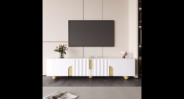 Learnlogic Wit tv -kast 180 cm, 4 deuren, elegant ontwerp, marmeren uiterlijk oppervlak, bolvormig houten voeten