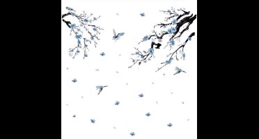 Aquarel Blauw en Wit Porselein Takje Vogel Muurstickers voor Slaapkamer en Woonkamer - TV Achtergrond Woondecoratie Muurtattoo