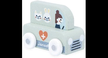 Janod Cross Roads - Houten Dierenambulance - Kleine, Makkelijk Te Hanteren Dierenambulance - Stimuleert De Fijne Motoriek En Fantasie - Geschikt Vanaf 1 Jaar