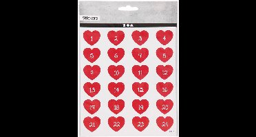 Rode Stickers - Harten Met Cijfers 1-24 - DIY Advent Stickers Voor Kaarten - 15x16,5cm - Decoratie Voor Kerst of Valentijn - 1 Vel