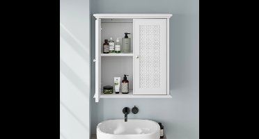 Witte muur gemonteerde badkamerkast met manddeuren, badkamer medicijnkast met verstelbare planken, badkamerkast over wasruimte, keuken en badkamer