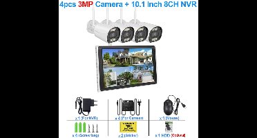 Beveiligingscamerasysteem - Bewakingscamera - Beveiligingscamera - Draadloos - 3MP - 8CH NVR en 10.1” LCD - Openlucht- IP66 Waterdichte - Wifi - Full Color Nachtzicht en Gezichtsdetectie - Zonder Harde Schijf - 4 Stuks - Wit