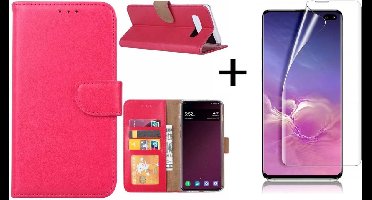 Ntech Hoesje Geschikt Voor Samsung Galaxy S10 Plus Book Hoesje Roze + Folie creenprotector