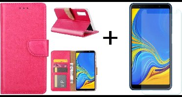 Ntech Hoesje Geschikt Voor Samsung Galaxy A7 2018 Roze BookType Hoesje & opbergvakjes + Glazen Screenprotector