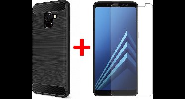 Geborsteld Hoesje geschikt voor Samsung Galaxy A8 (2018) Soft TPU Gel Siliconen Case Zwart + Tempered Glass Screenprotector Transparant