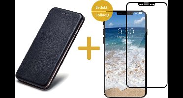 Hoesje Kunstlederen Book Case geschikt voor Apple iPhone Xs / X + Screenprotector Volledig Dekkend Zwart - Zwart Siliconen iCall Wallet