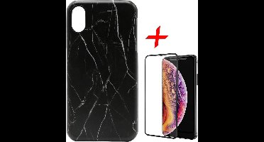 Marmer Hoesje geschikt voor Apple iPhone Xs / X Siliconen TPU Soft Gel Case Zwart + Screenprotector Full-Screen Tempered Glass van iCall