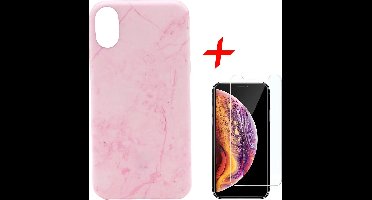 Marmer Hoesje geschikt voor Apple iPhone Xs Max Siliconen TPU Soft Gel Case Roze + Tempered Glass Screenprotector van iCall