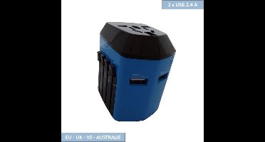 Q-link Reisstekker - Wereldstekker - EU, VS, UK en Australië - 2 x USB lader 2.4A - Blauw
