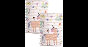Folat Trek lampion eenhoorns & regenbogen - 2x - H16 cm - meerkleurig - papier