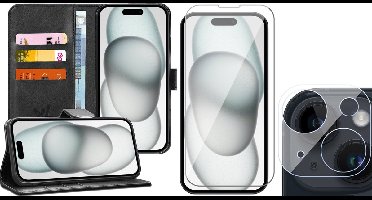 Hoesje geschikt voor iPhone 15 - Screenprotector GlassGuard & Camera Lens Screen Protector - Book Case Kunstleer Pasjeshouder Zwart