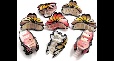 8 grote haarklemmen 8 cm bloemen 4x bruin-geel-zwart / 4x rood-geel-zwart