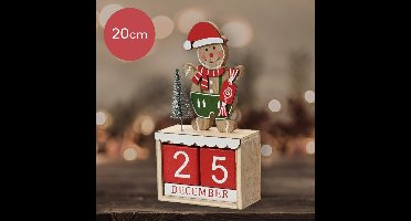 Houten Kerst adventskalender met gingerbread mannetje en rode blokken - 20 cm