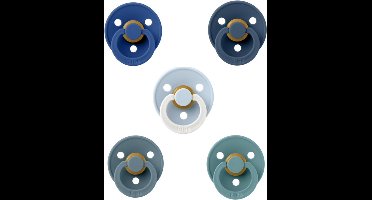 Bibs fopspenen 6-18 maand set 5 stuks Cornflower,Steel Blue,Deep Space,Black en Night Glow Baby Blue maat 2