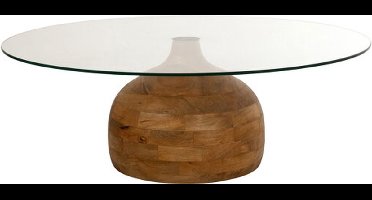 Salontafel Stella Rond Massief Mangohout Helder Glas - 100x100x35 cm - Grote glazen salontafel - Design koffietafel - Moderne ronde houten tafel