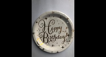 Kartonnen Bordjes Happy Birthdag 18 cm 8 stuks wit goud letters