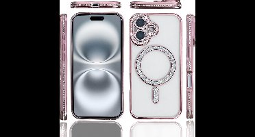 Hoesje Geschikt voor iPhone 16 Magsafe hoes Lens beschermer Rose Goud – Luxe bling sprankelende diamant backcover