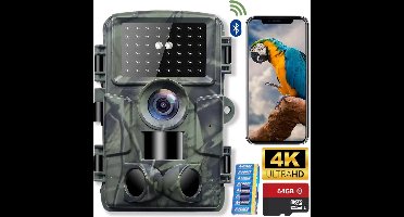 Wildcamera met nachtzicht en wifi - Voor Buiten - WiFi APP - Incl.64GB SD - 4K & 60MP - Oplaadbaar - 8 Batterijen