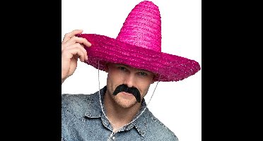 Smiffys Mexicaan Carnaval verkleed set - Grote sombrero hoed roze - Dia 49 cm - met plaksnor - heren