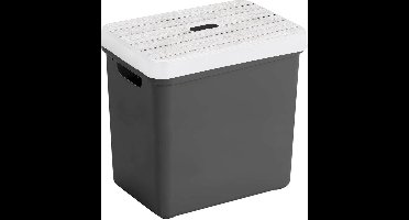 Sunware Opbergbox - mand - antraciet - 25 Liter - kunststof - met houtkleur deksel - opslag kist - 35 x 25 x 36 cm