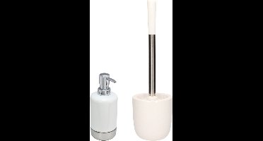 Excellent Houseware WC-/toiletborstel houder dolomiet/metaal wit met zeeppompje 300 ml