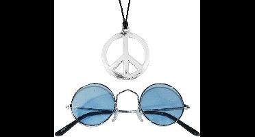Hippie Flower Power sieraden set peace-sign ketting met groovy bril