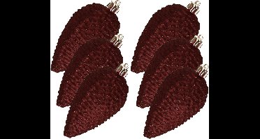 Decoris Kersthangers dennenappels - 6x -mahonie bruin - glitter - 8 cm - kunststof - kerstversiering