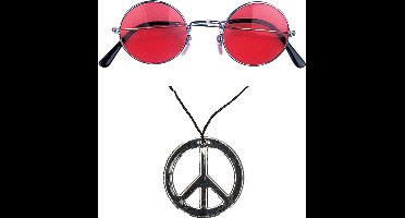 Smiffys Hippie Flower Power verkleed set - peace ketting - en ronde glazen party bril - rood - volwassenen