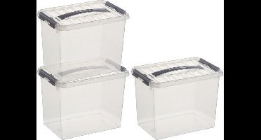 3x sunware q-line opberg box/opbergdoos - 9 liter - 30 x 20 x 22 cm - kunststof - opslagbox - transparant/zilver
