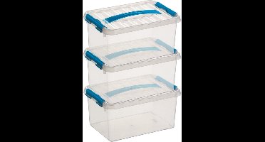 3x sunware q-line opberg box/opbergdoos - 6 liter - 30 x 20 x 14 cm - kunststof - opslagbox - transparant/blauw