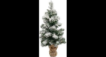 Kerstboom met sneeuw in jute zak H60cm met 20led (incl.knoopcel)