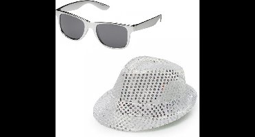 Carnaval verkleed set - hoed en bril - zilver - glitters